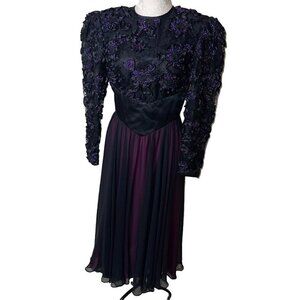 Stephan Caras Vintage Womens Dress Size 8 Black Metallic Lace Chiffon Midi